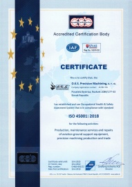 Certifikát - Systém manažérstva bezpečnosti a ochrany zdravia pri práci ISO 45001:2018 (udelený v 04/2022 s platnosťou do 04/2025) EN